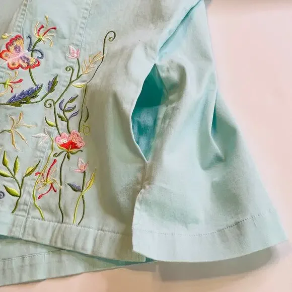 Quacker Factory Aqua Blue Floral Multicolor Embroidery Mock Neck Jacket Women 1X - Picture 7 of 14